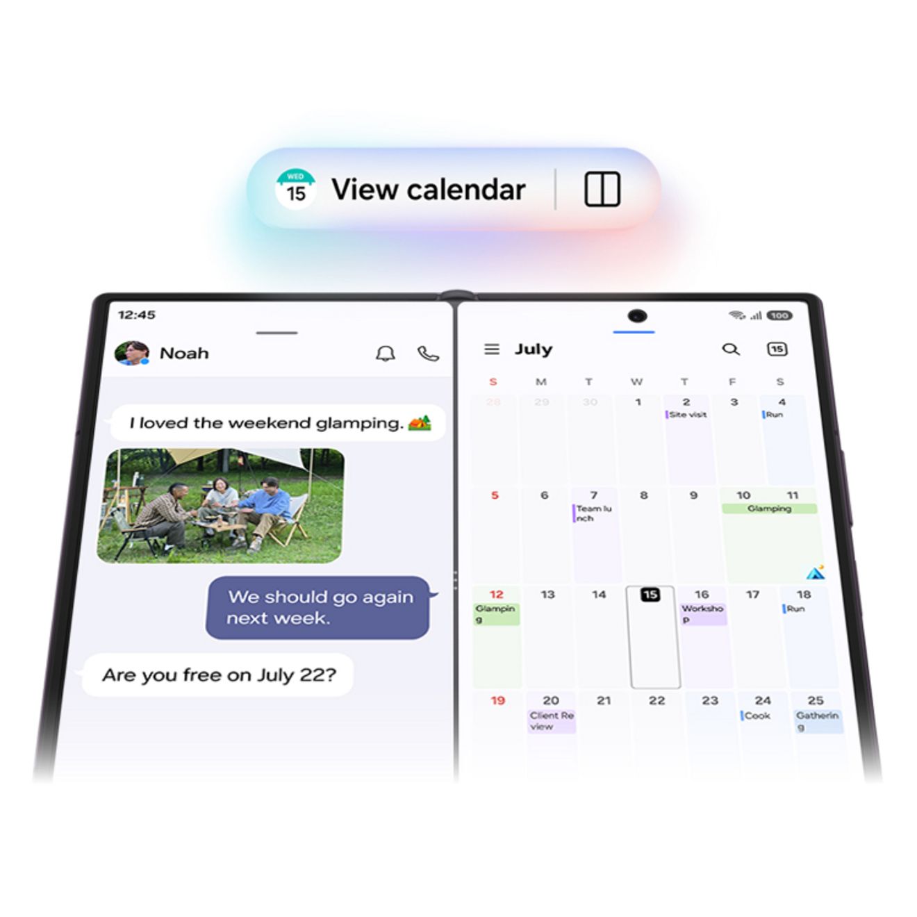 El Samsung Galaxy Z Fold8 Ultra se muestra abierto con una app de mensajería y un calendario lado a lado, para destacar la capacidad para multitareas en la pantalla plegable.