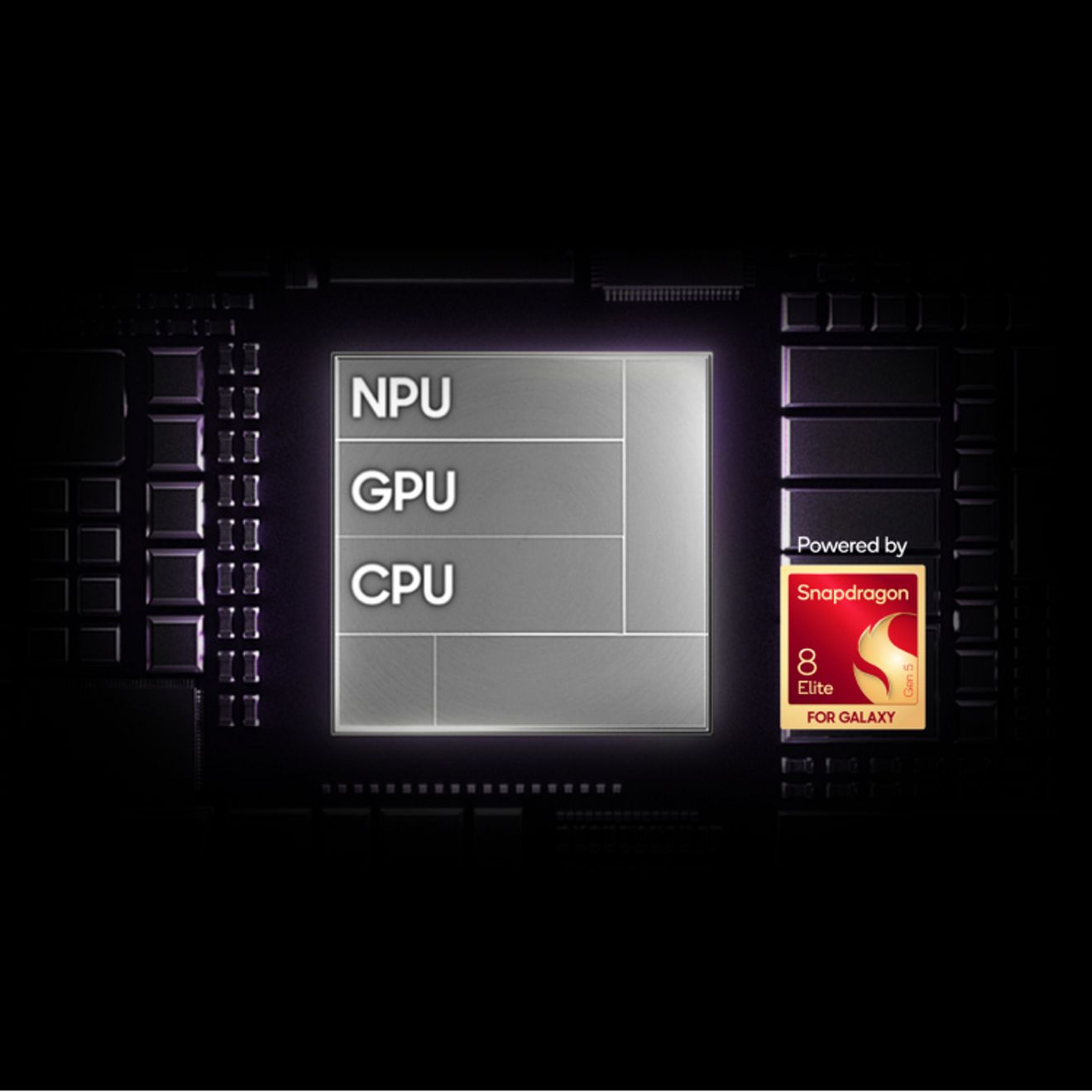 Gráfico del chip del Samsung Galaxy Z Fold8 Ultra que destaca el NPU, GPU y CPU, y se muestra junto a la insignia del procesador Snapdragon 8 Elite para Galaxy.