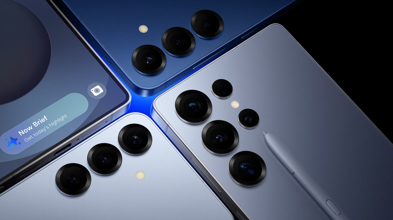 Parte posterior de cuatro teléfonos Galaxy S25 dispuestos uno al lado del otro