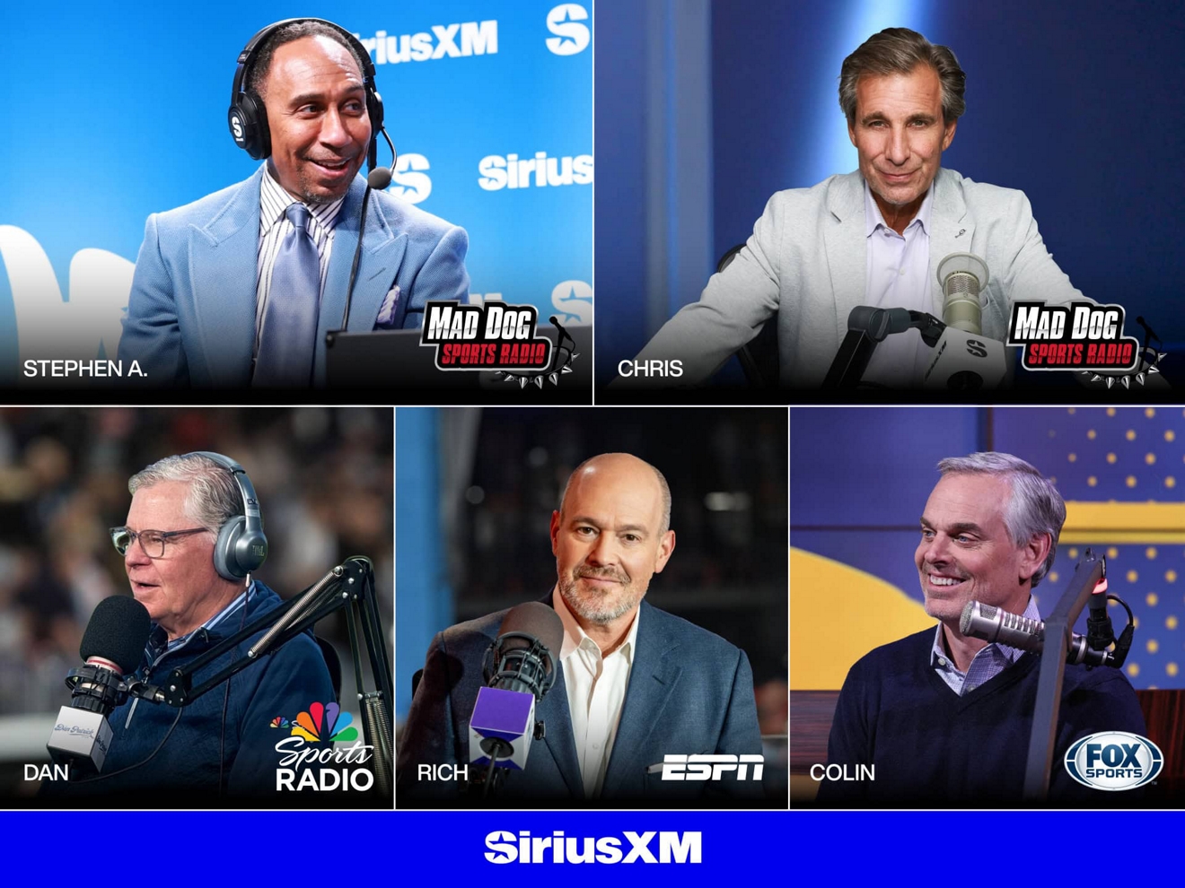 Un collage de cinco presentadores deportivos de radio. Cada presentador aparece en su propio cuadrado, sonriendo o en medio de una transmisión.