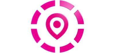 Ícono de un marcador de ubicación magenta rodeado de un círculo discontinuo, que representa un perímetro.