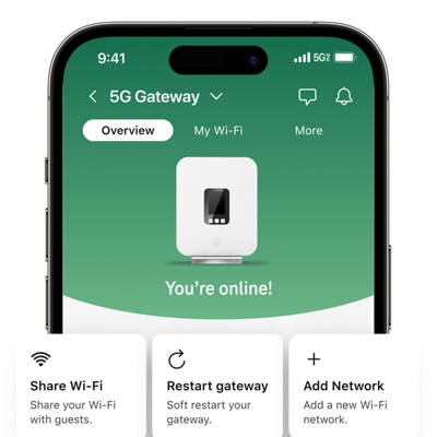 Pantalla de la interfaz de usuario de T-Life mostrando la administración de Internet residencial de T-Mobile.