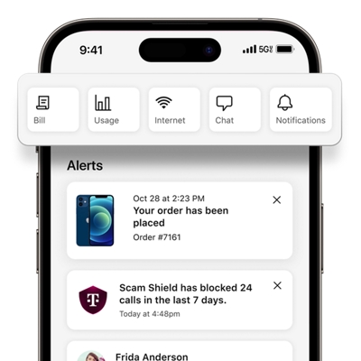 Pantalla de la interfaz de usuario de T-Life mostrando gestión de la cuenta.