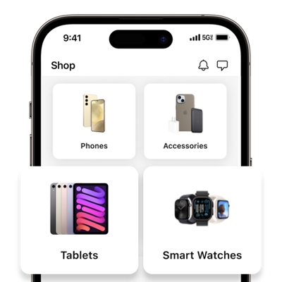 Pantalla de la interfaz de usuario de T-Life mostrando categorías de compras.