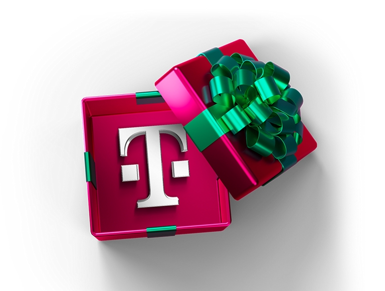 Logotipo de T-Mobile dentro de una caja roja envuelta con un lazo verde.