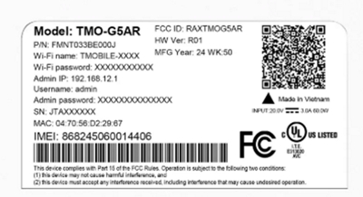 La etiqueta del gateway 5G de T-Mobile. La 3.ª y 4.ª líneas son el nombre y la contraseña de la red wifi.