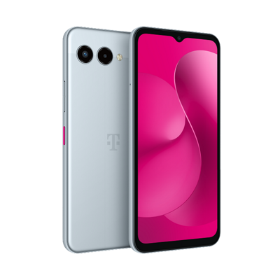 Vista trasera, frontal y lateral de un Revvl 8 de T-Mobile con un diseño de pantalla en degradado rojo.