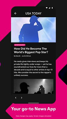 Six screens showing the T-Mobile Play app features and benefits. Your go-to news app, video on the go, personalize your news from the top publishers, 4k video player, quick swipe access via your home screen.