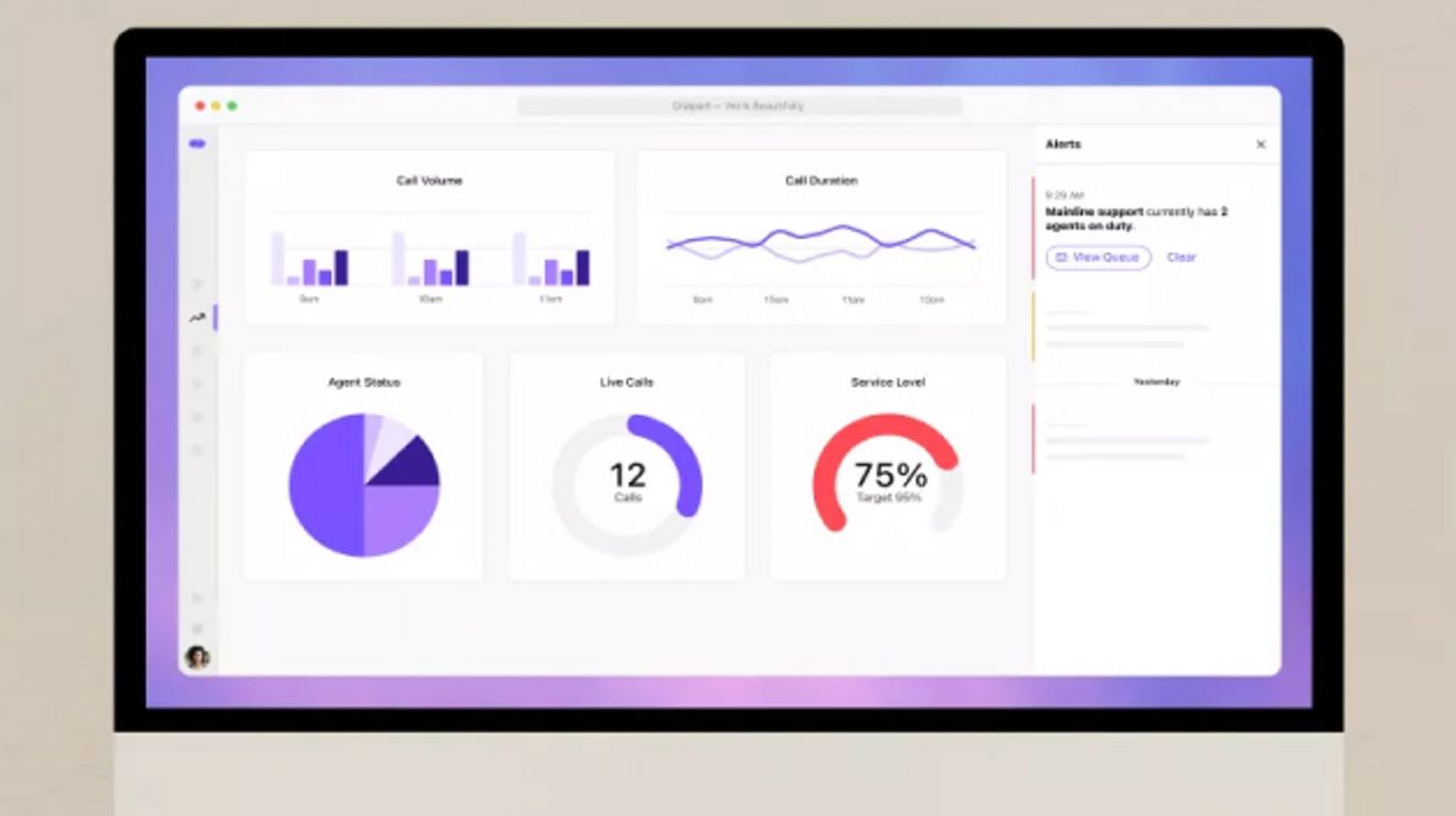 Un panel de Dialpad Ai muestra métricas RE volumen de llamadas, estado del agente y nivel de servicio actual.