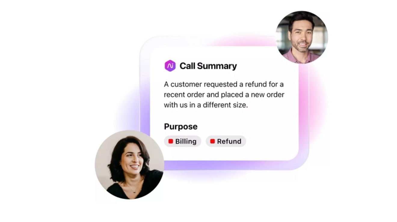 Un resumen de llamada de Ai Recaps resume la solicitud de un cliente para un reembolso y un nuevo pedido.