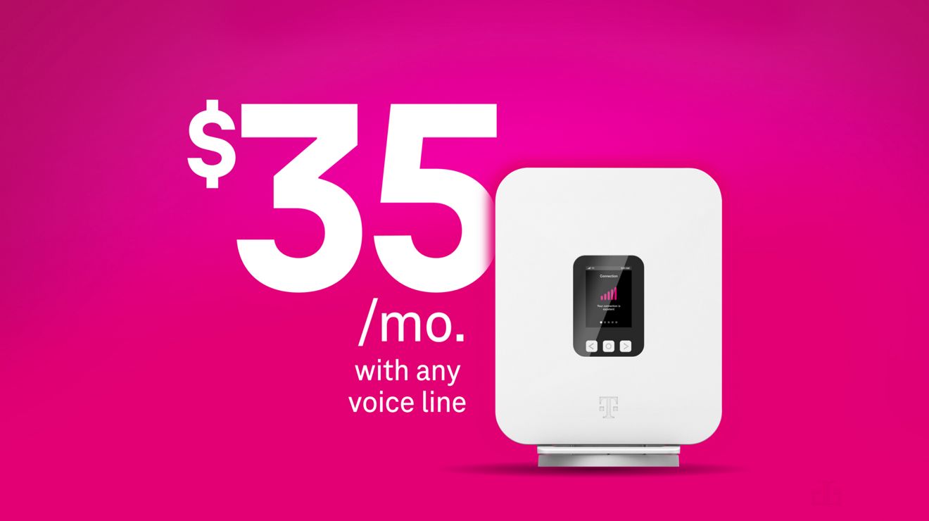 Un enrutador Gateway 5G T-Mobile y el texto "$35 al mes con cualquier línea de voz".