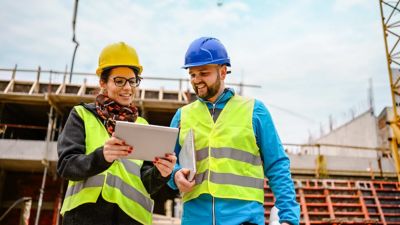 Dos ingenieros en una obra en construcción revisan información en una tablet.