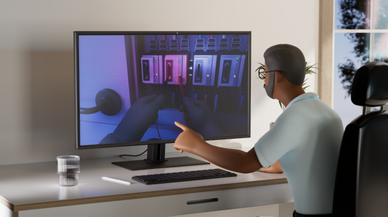 Un ingeniero asesora a un técnico para la reparación de equipo a través de una llamada de video.