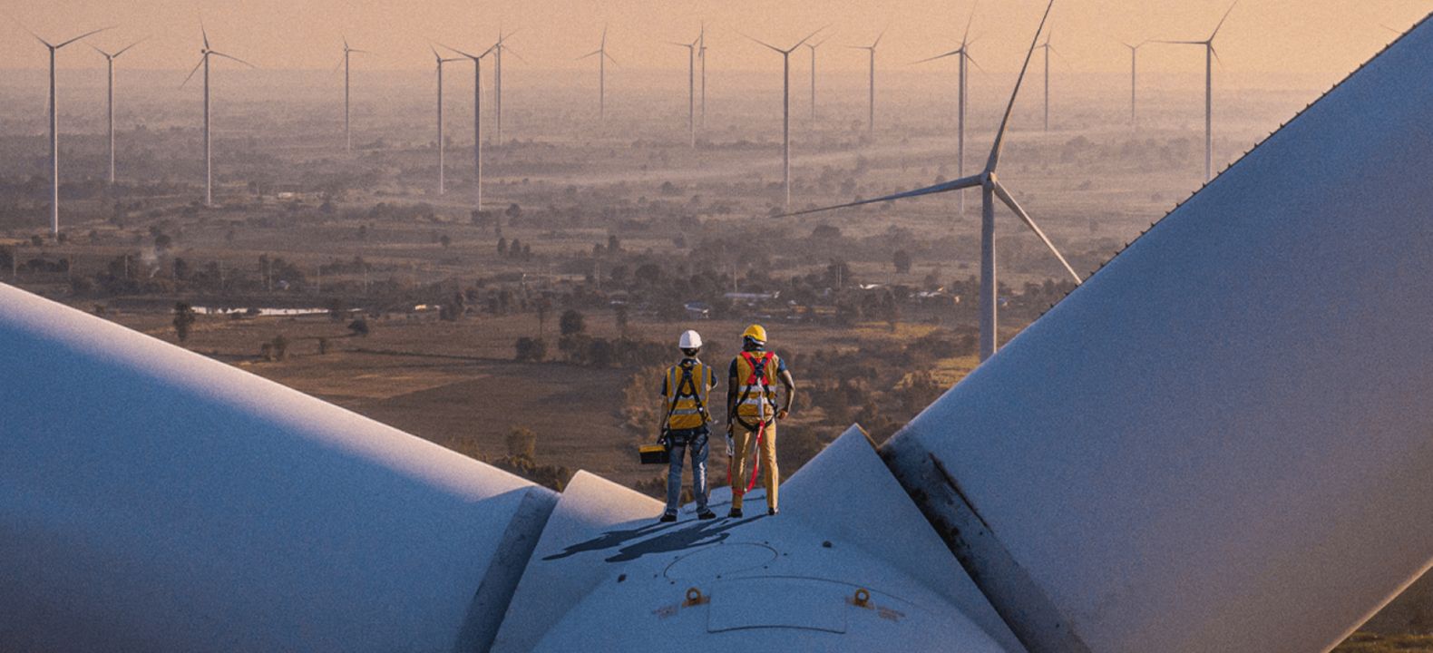 Dos obreros de la construcción de pie en lo alto de un molino de viento mirando hacia un horizonte lleno de otros molinos.