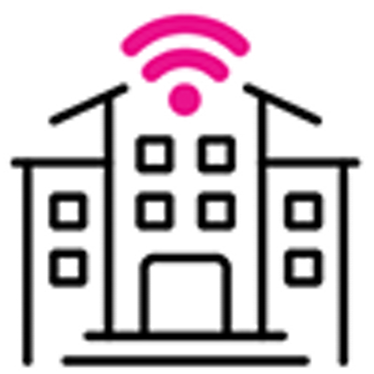 Ícono de edificios con señal Wi-Fi en magenta sobre ellos