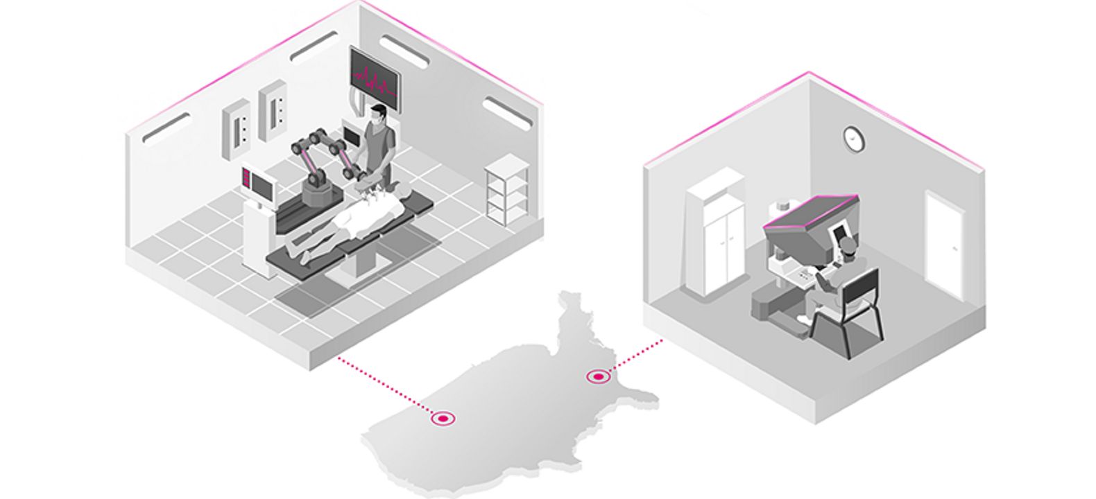 Ilustración de un cirujano en un lugar realizando una cirugía robótica y un cirujano en otro lugar mirando en un monitor