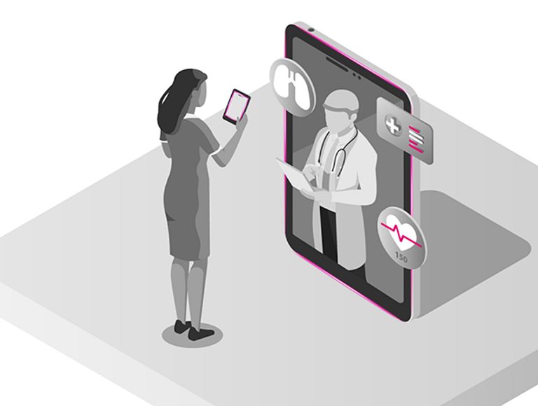 Ilustración de la conferencia entre un médico y una paciente en una tablet con íconos de partes del cuerpo y signos vitales
