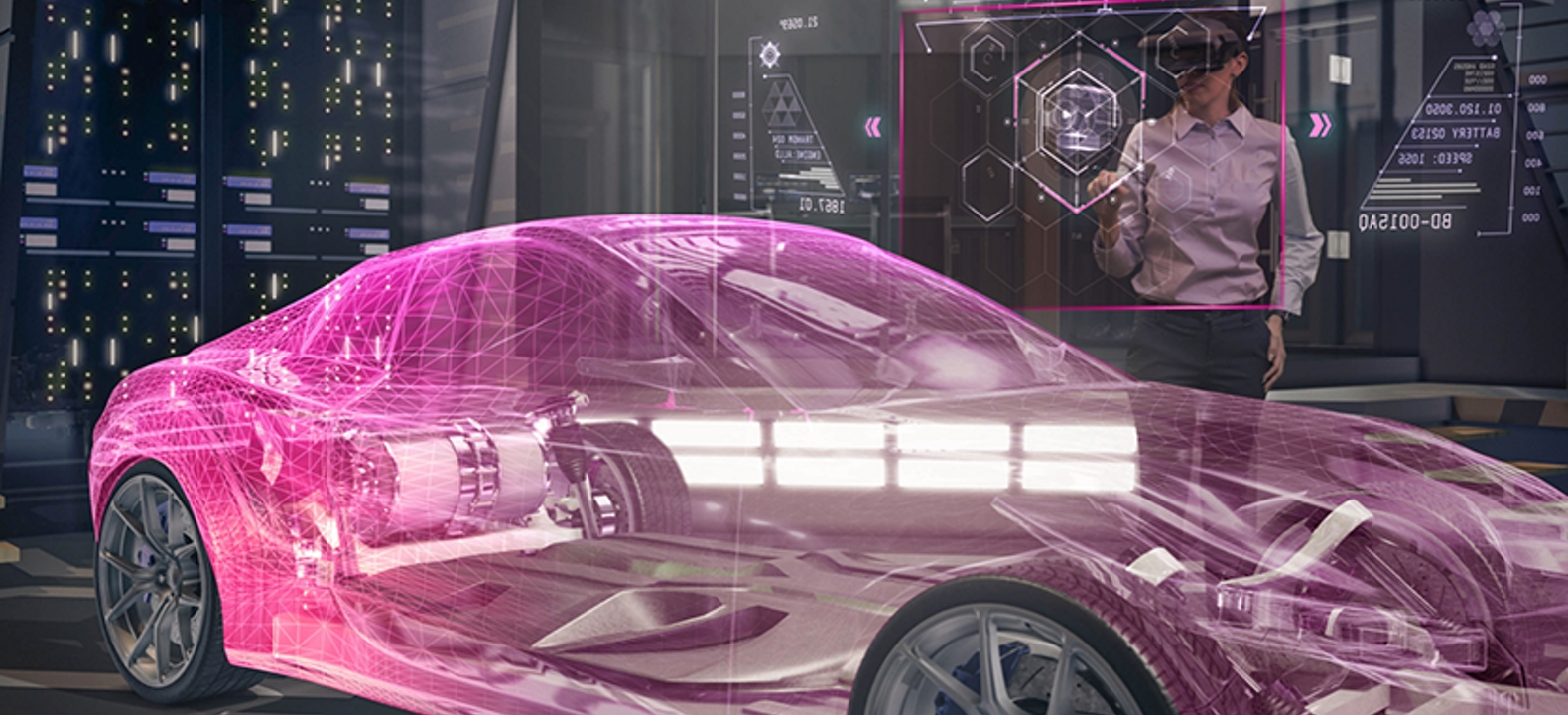 Trabajador/ingeniero de fábrica utiliza RA en su trabajo con una imagen superpuesta que muestra los beneficios con íconos para cada uno