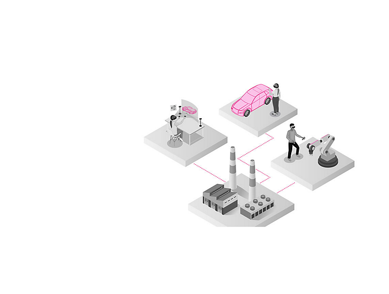 Ilustración 3D de una planta de producción con trabajadores conectados por 5G usando una combinación de dispositivos conectados (wearables de RA/RV, laptops, tablets, etc.) con fines de capacitación, colaboración en modelos 3D y documentos virtuales, control a distancia de robots de la fábrica, etc.
