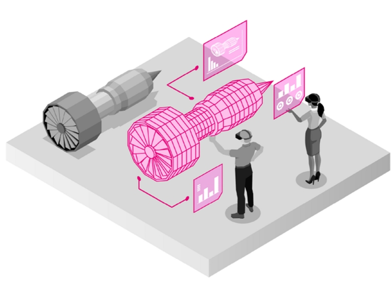 Dos ingenieros con gafas trabajando en un prototipo de holograma.
