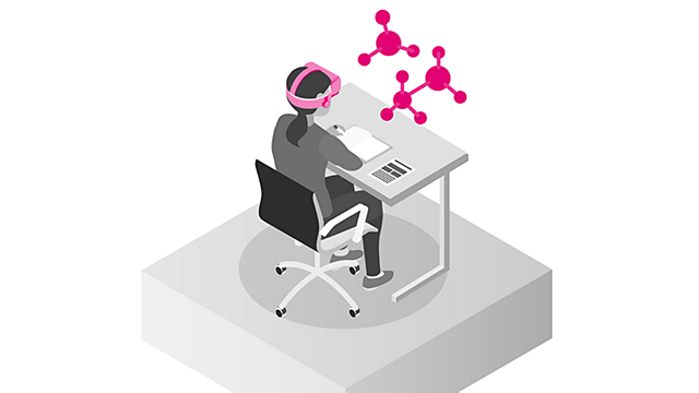 Ilustración de una persona sentada en un escritorio usando un casco de realidad virtual y viendo imágenes virtuales delante suyo