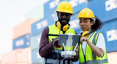 Un hombre y una mujer usando cascos y chalecos reflectantes mirando un dispositivo delante de contenedores azules