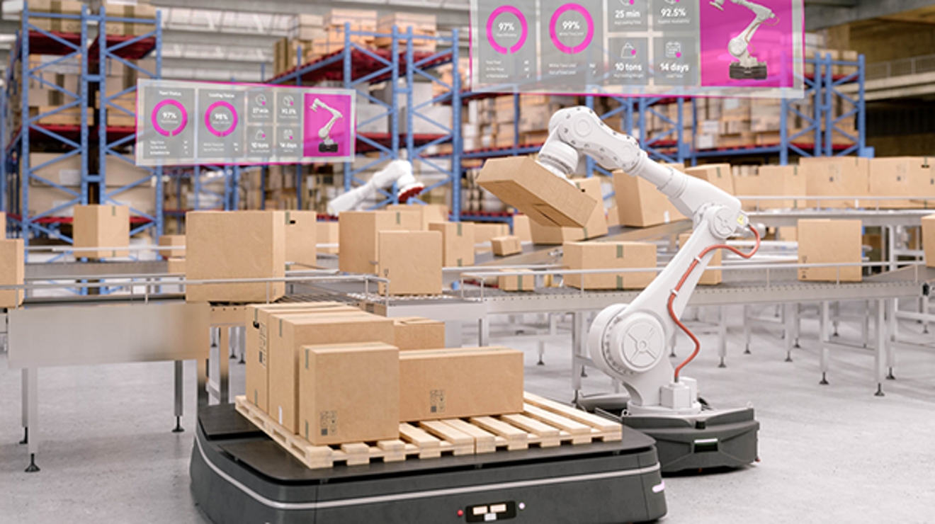 Brazo robótico apilando cajas en una paleta robótica dentro de un depósito