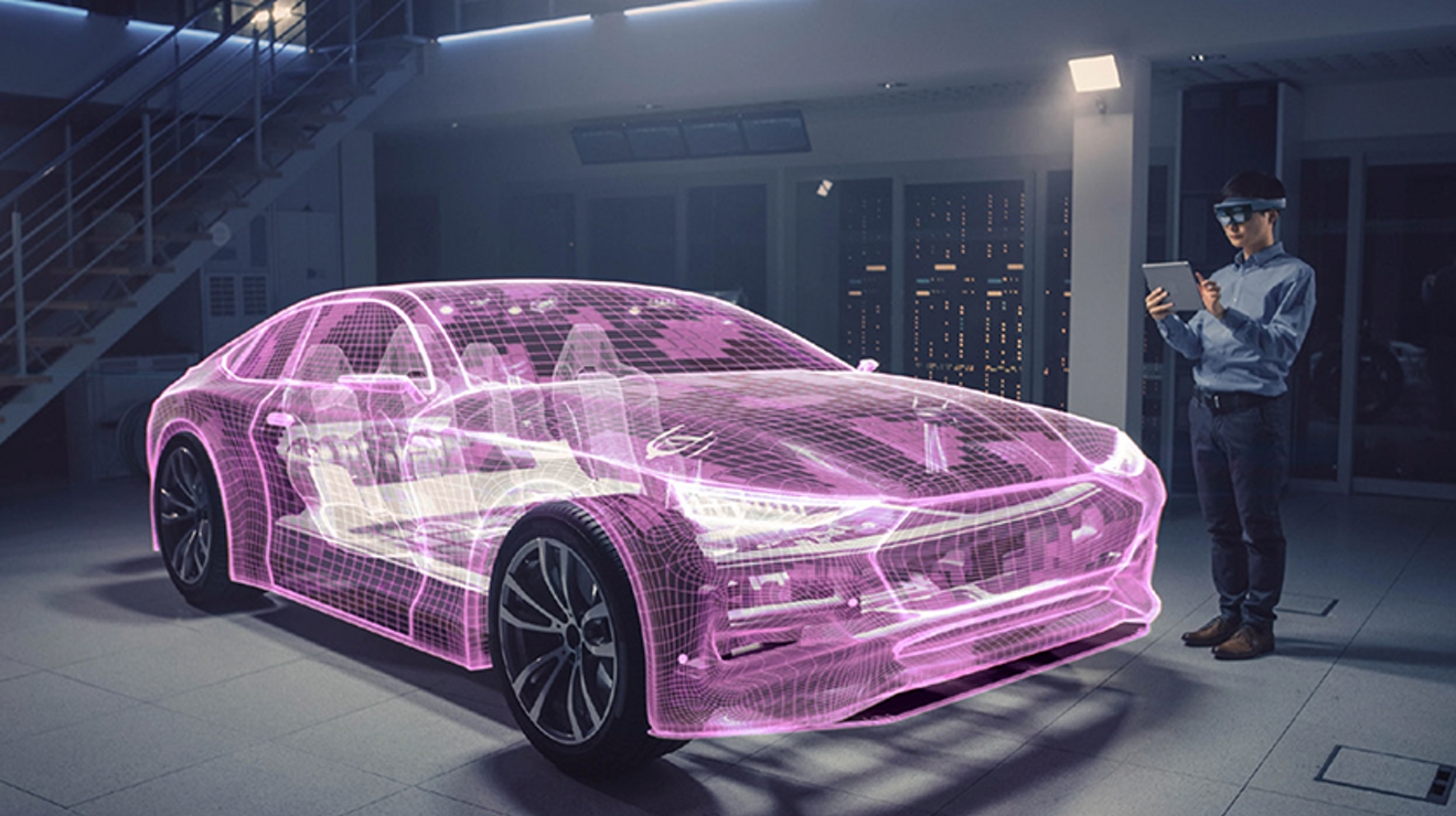 Un auto con wireframe con brillo magenta