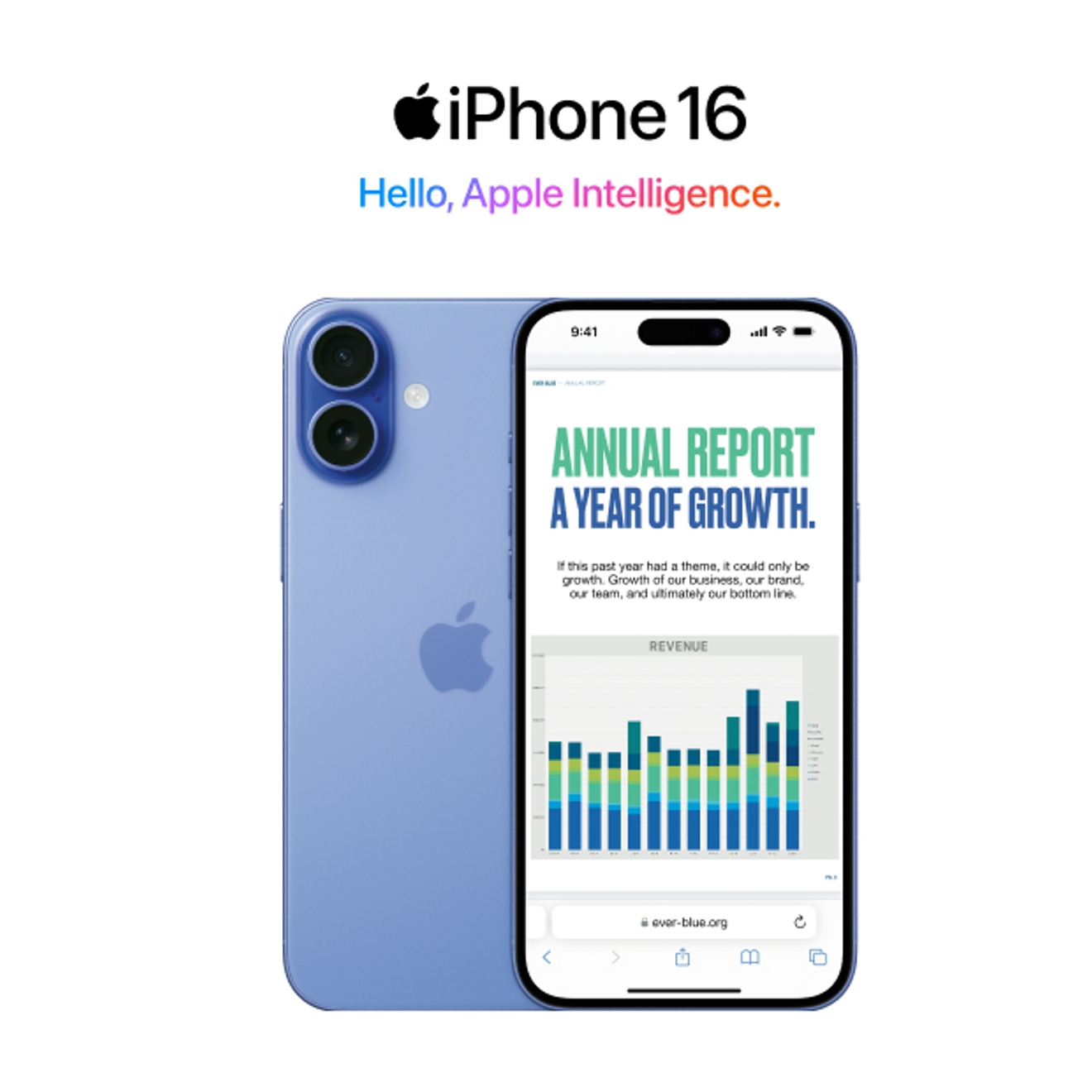 Dos dispositivos iPhone 16, uno de frente y otro de atrás, con el logotipo y Diseñado para Apple Intelligence.