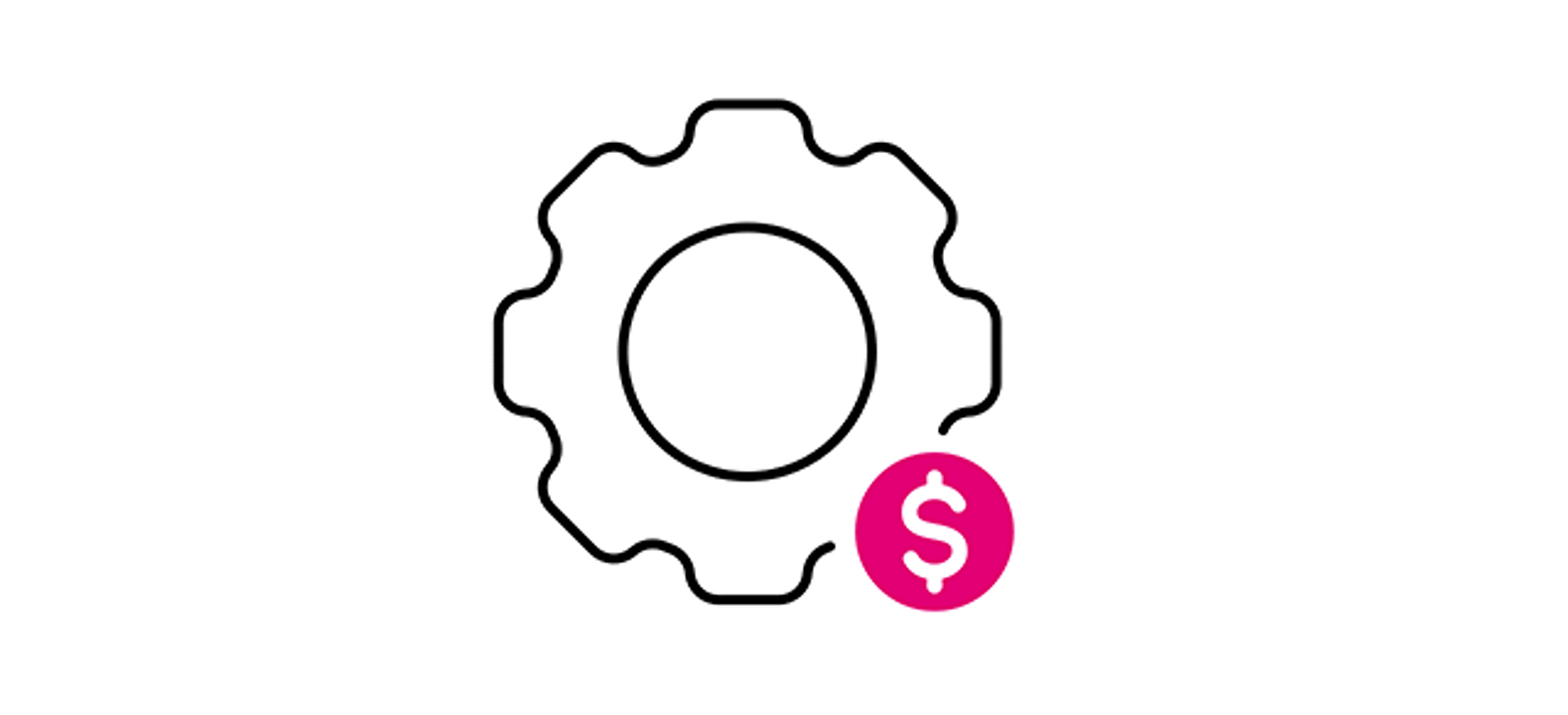 Ícono de engranaje con un signo de dólar color magenta en la esquina inferior derecha