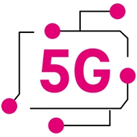 Texto Magenta 5G con líneas que salen hacia afuera de círculos pequeños que lo rodean