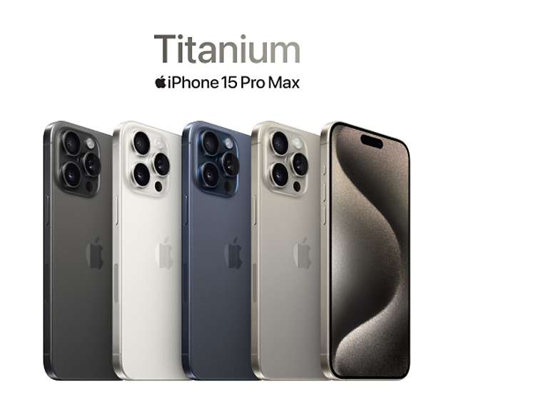 Cinco dispositivos iPhone 15 Pro en titanio debajo del logotipo del iPhone 15 Pro Max en titanio.