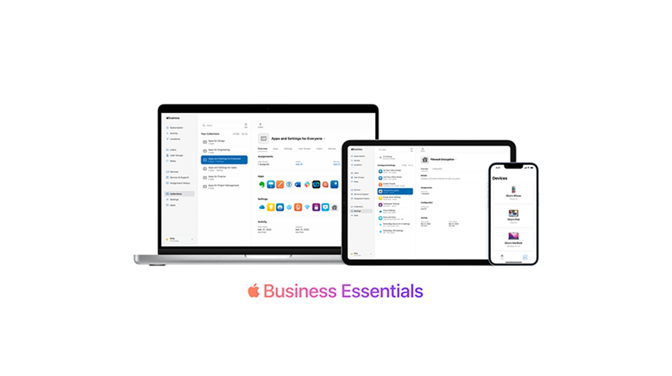 Laptop, tablet y smartphone con apps de productividad con el texto "Business Essentials" debajo.