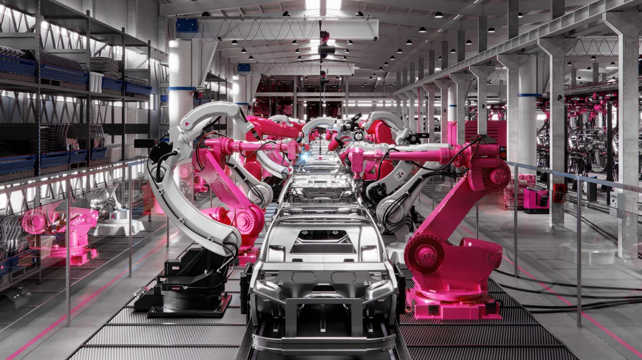 Robots autónomos trabajan en la cadena de producción de una fábrica de automóviles.