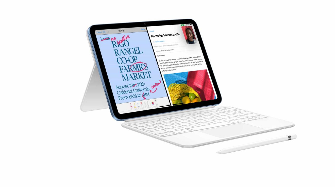 Un iPad 10.ª generación con un teclado y un Apple Pencil.