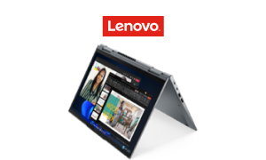 Una laptop ThinkPad X1 Yoga 8.ª gen. y el logotipo de Lenovo.