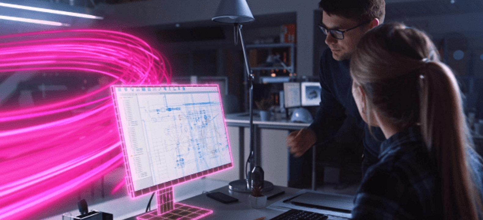 Colegas analizan información en una computadora de escritorio mientras rayos magenta indican conectividad.