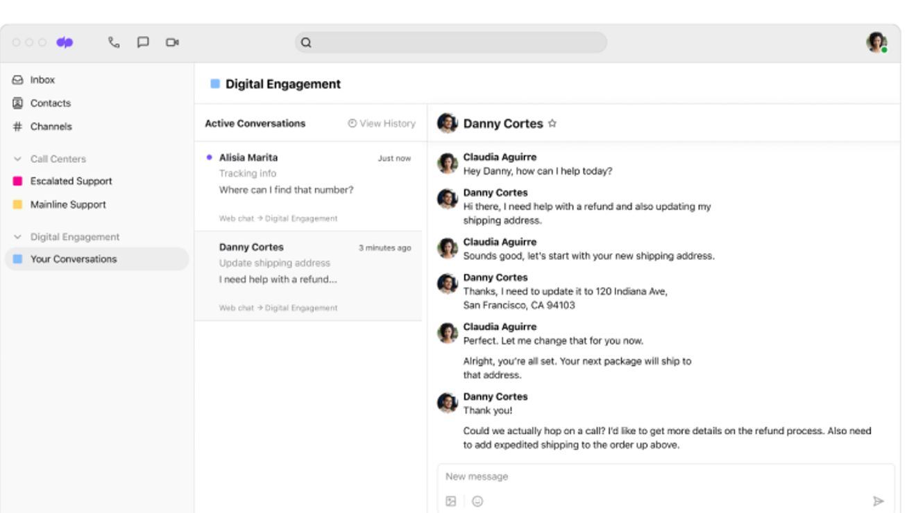 Interfaz del usuario con conversaciones de clientes de Dialpad.