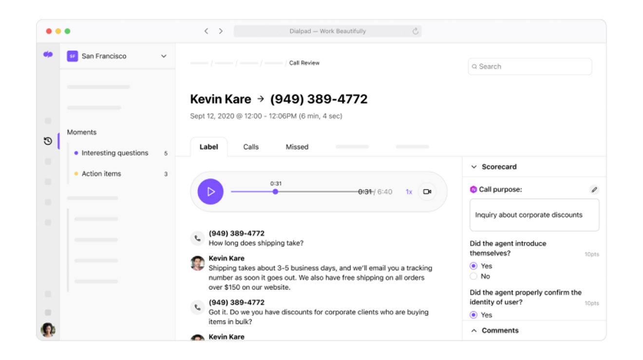 Interfaz del usuario de tarjeta de resultados y revisión de llamadas de Dialpad.