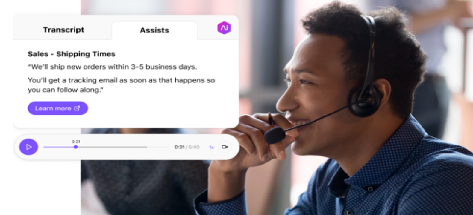 AI Agent Assist UI de Dialpad ayuda a un profesional de ventas en una llamada.