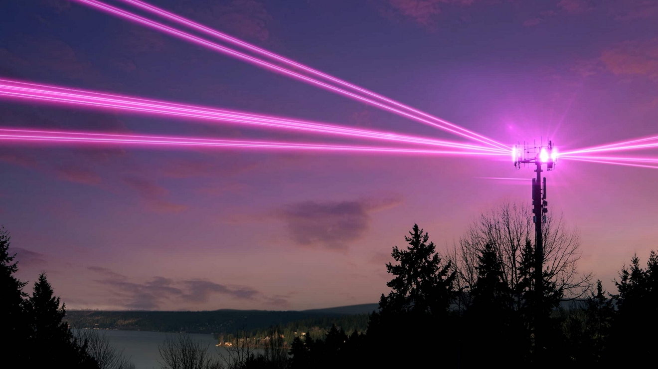 Una torre de red se alza contra el cielo en el crepúsculo, emitiendo rayos magenta hacia la distancia.