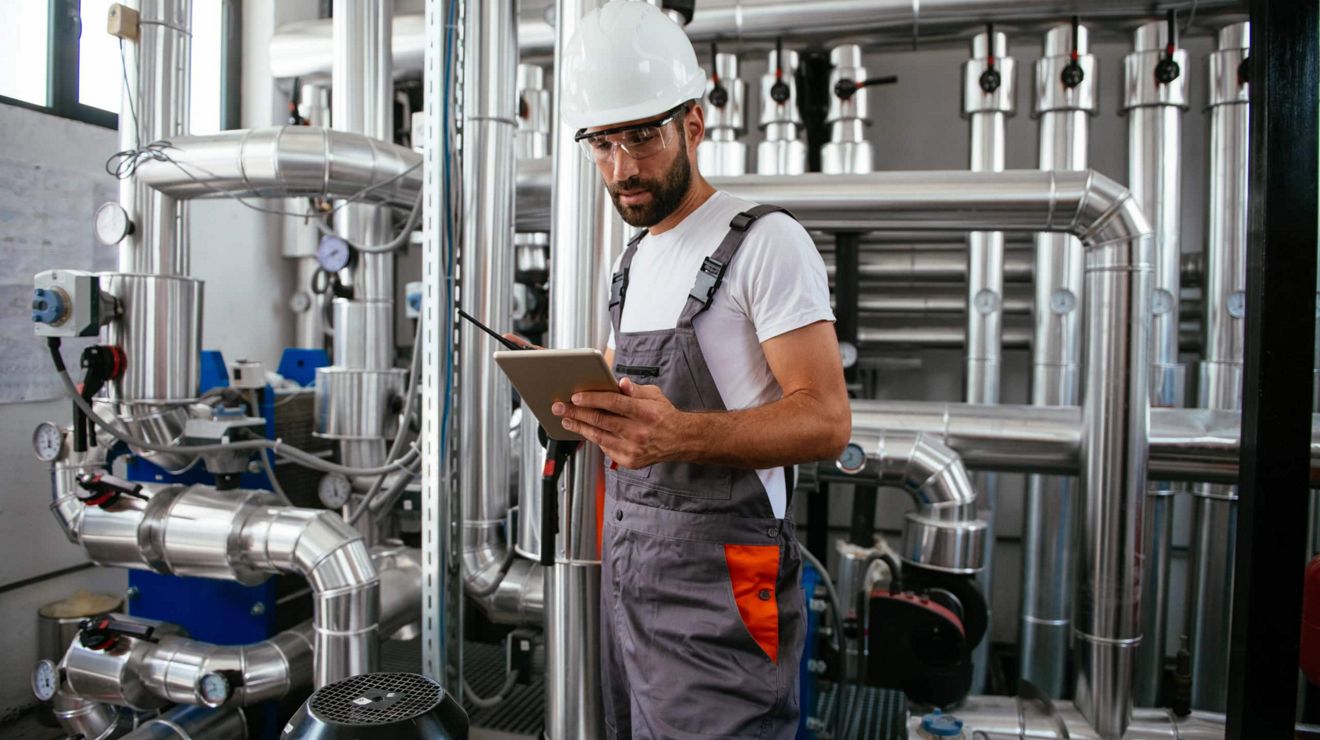 Trabajador de una planta de procesamiento de gas natural utiliza su tablet conectada a 5G.