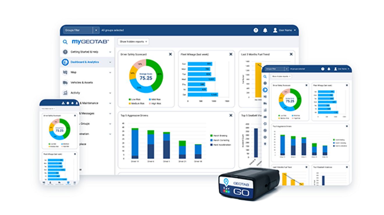 Un dispositivo de rastreo de vehículos Geotab GO y un monitor, tablet y smartphone que muestran tablas y gráficos.