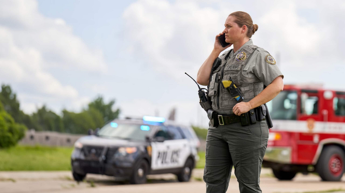 Un oficial de policía habla con un smartphone y está parado cerca de un auto de policía y un camión de bomberos.