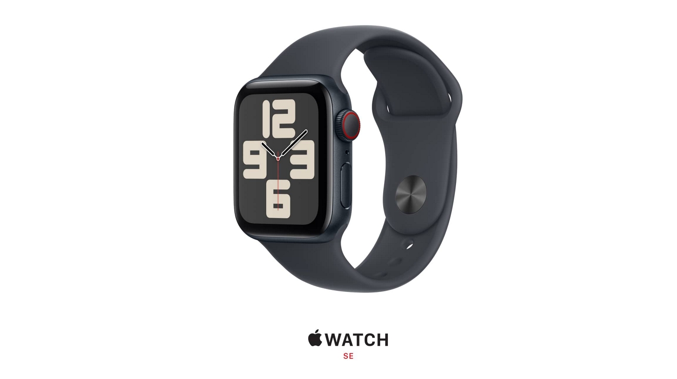 Apple Watch SE en aluminio color medianoche con correa deportiva que muestra la hora en una pantalla de reloj analógico