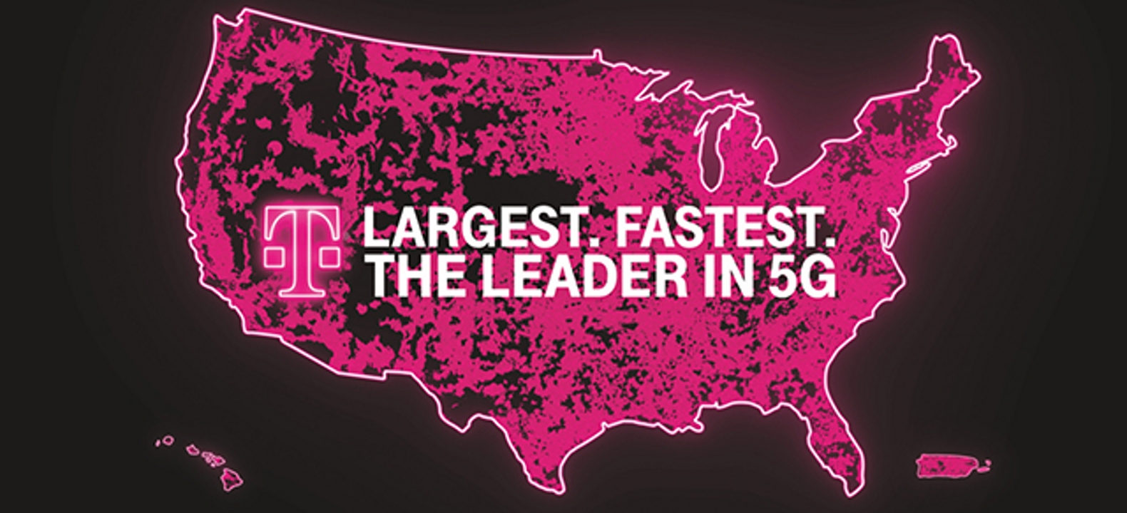 Un mapa de cobertura de T-Mobile con las palabras "Más grande. Más rápida. El líder en 5G".