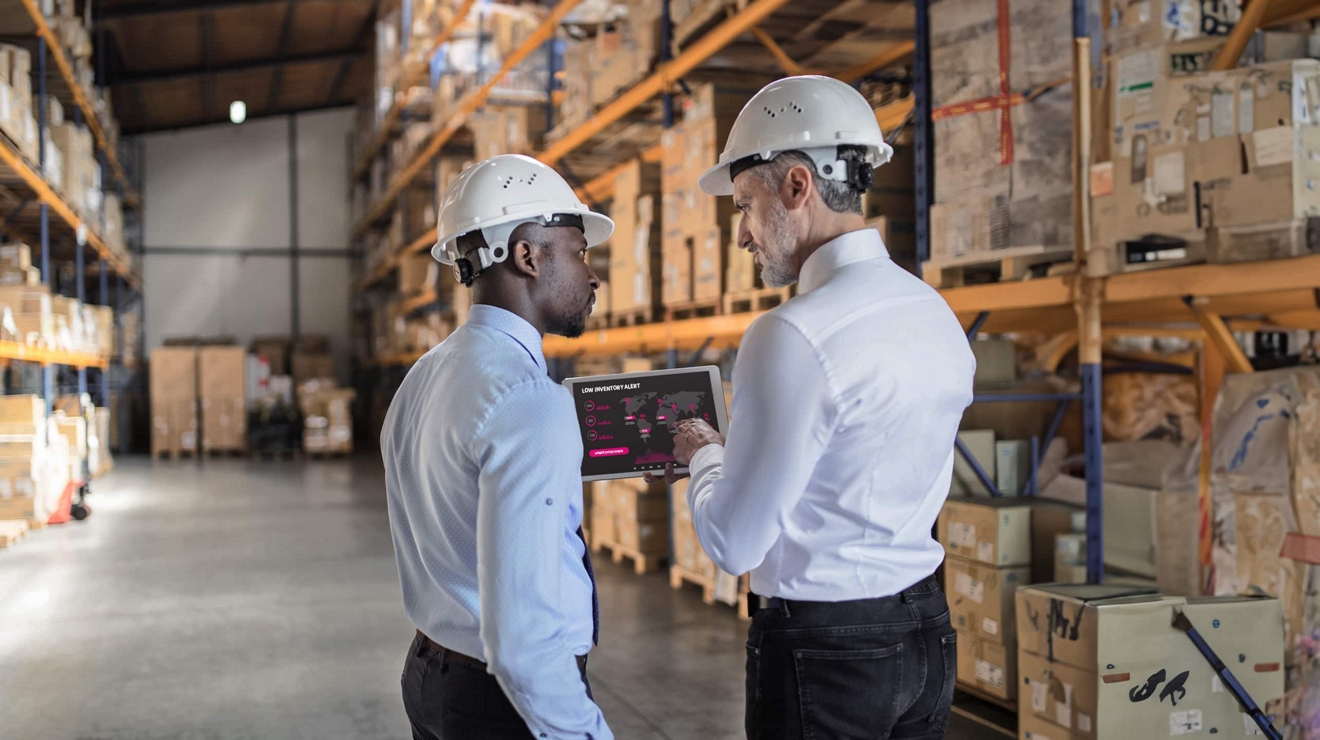 Dos profesionales en un depósito comentan una alerta de inventario bajo que se muestra en una tablet.