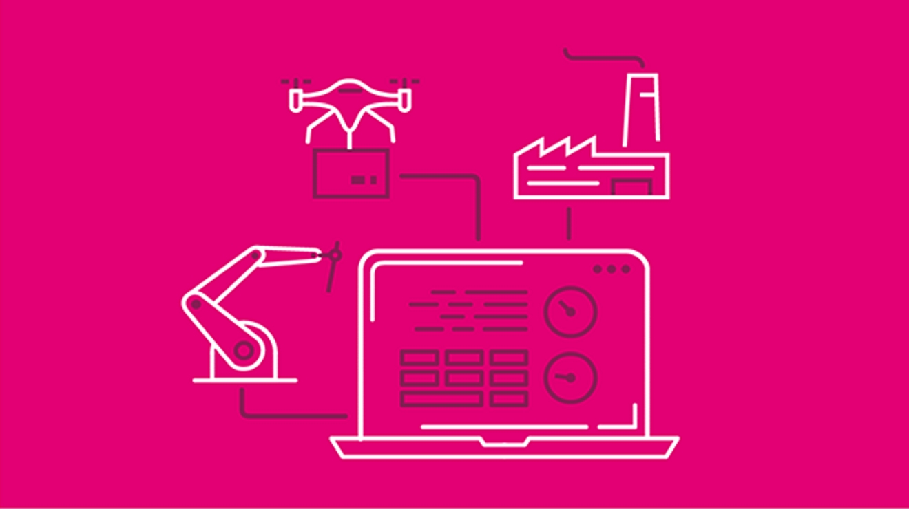 íconos de una laptop conectada a una fábrica, un brazo robótico y una máquina.