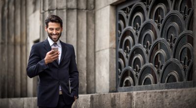 hombre con traje sonriendo a su dispositivo fuera de un edificio