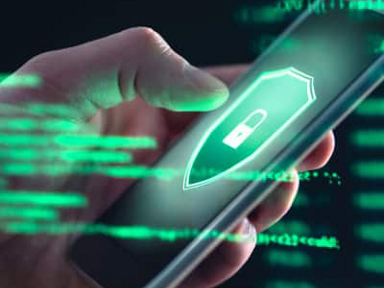 Una mano sostiene un teléfono móvil con una pantalla que muestra un escudo y un candado.